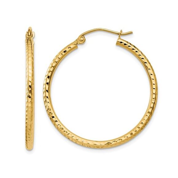14K Yellow Gold Small Diamond Cut Hoop Earrings 1 Inch (2.00 mm)